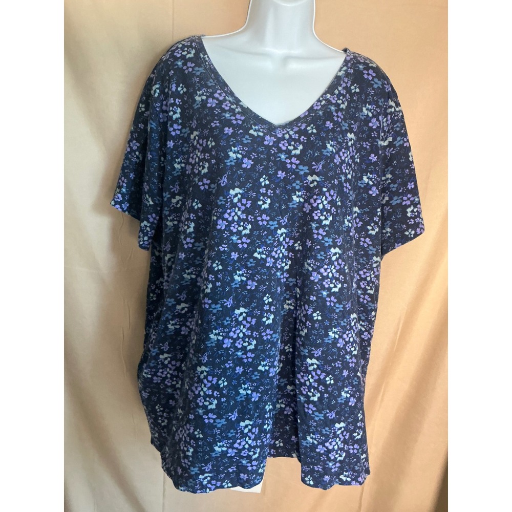 Woman Within Floral V-Neck Tee Women 3X Blue Purple Excellent Short Sleeve Top
